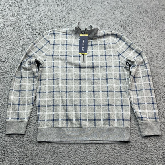 Nautica Other - Nautica 1/4 Zip Pullover Sweater Mens M Windowpane Plaid Gray Blue Preppy NEW